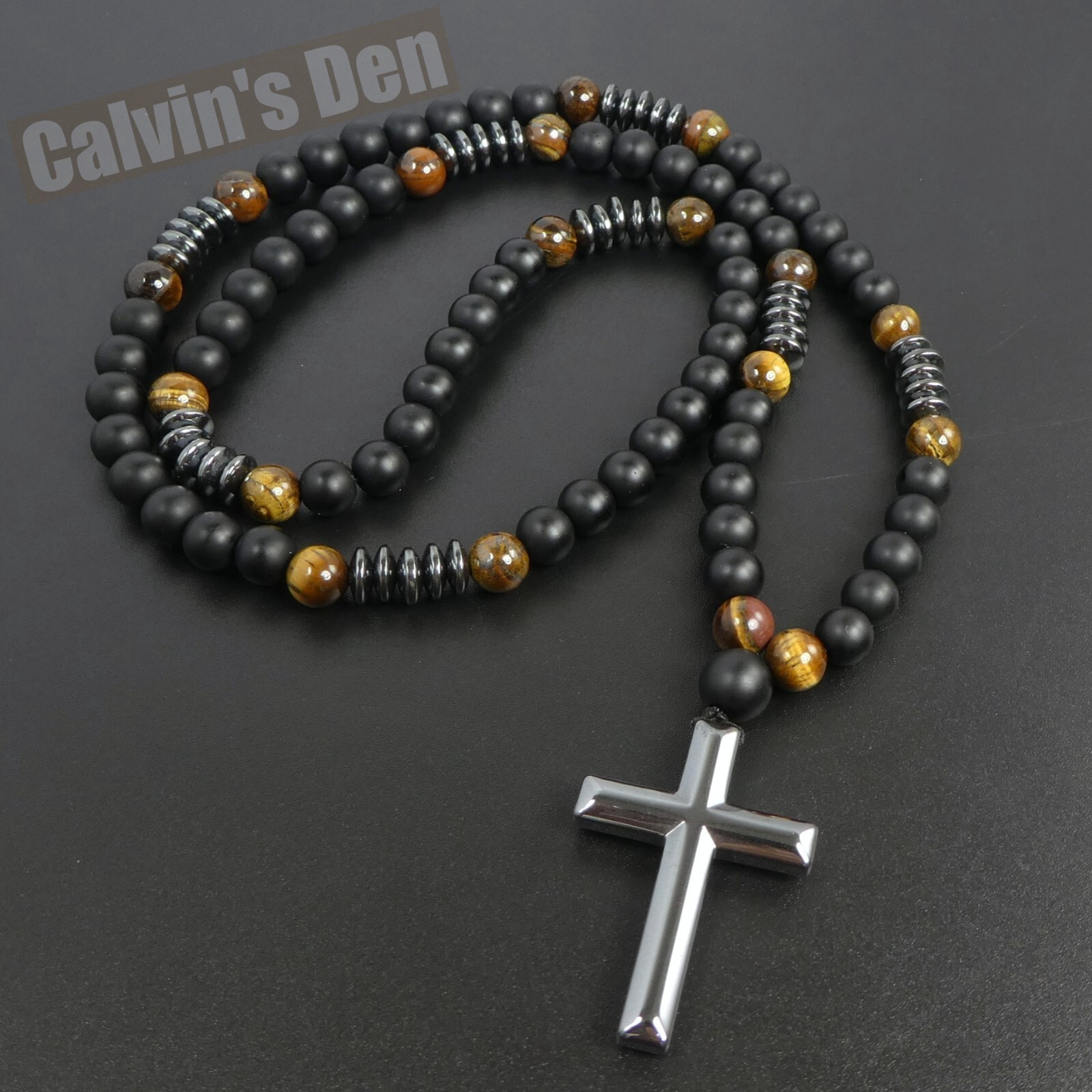 Black Obsidian Tiger Eye Black Hematite Cross Pendant Necklace Men Women Gift