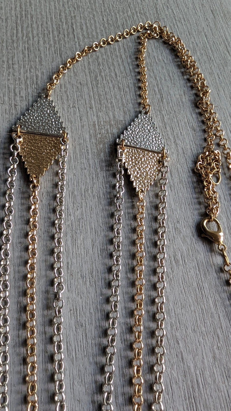 Layered Chain Necklace Three Strands, Two-Tone, Gold Silver 33″ Long Necklace