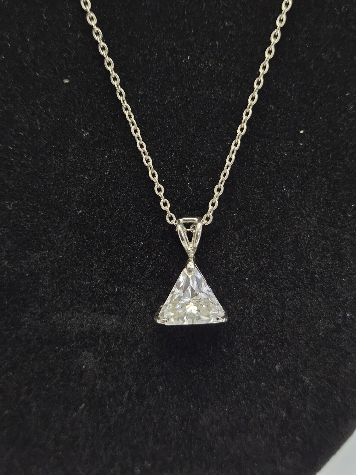 Trillion Cut Cubic Zirconia Solitaire Pendant Necklace Silver Tone 18″ Chain