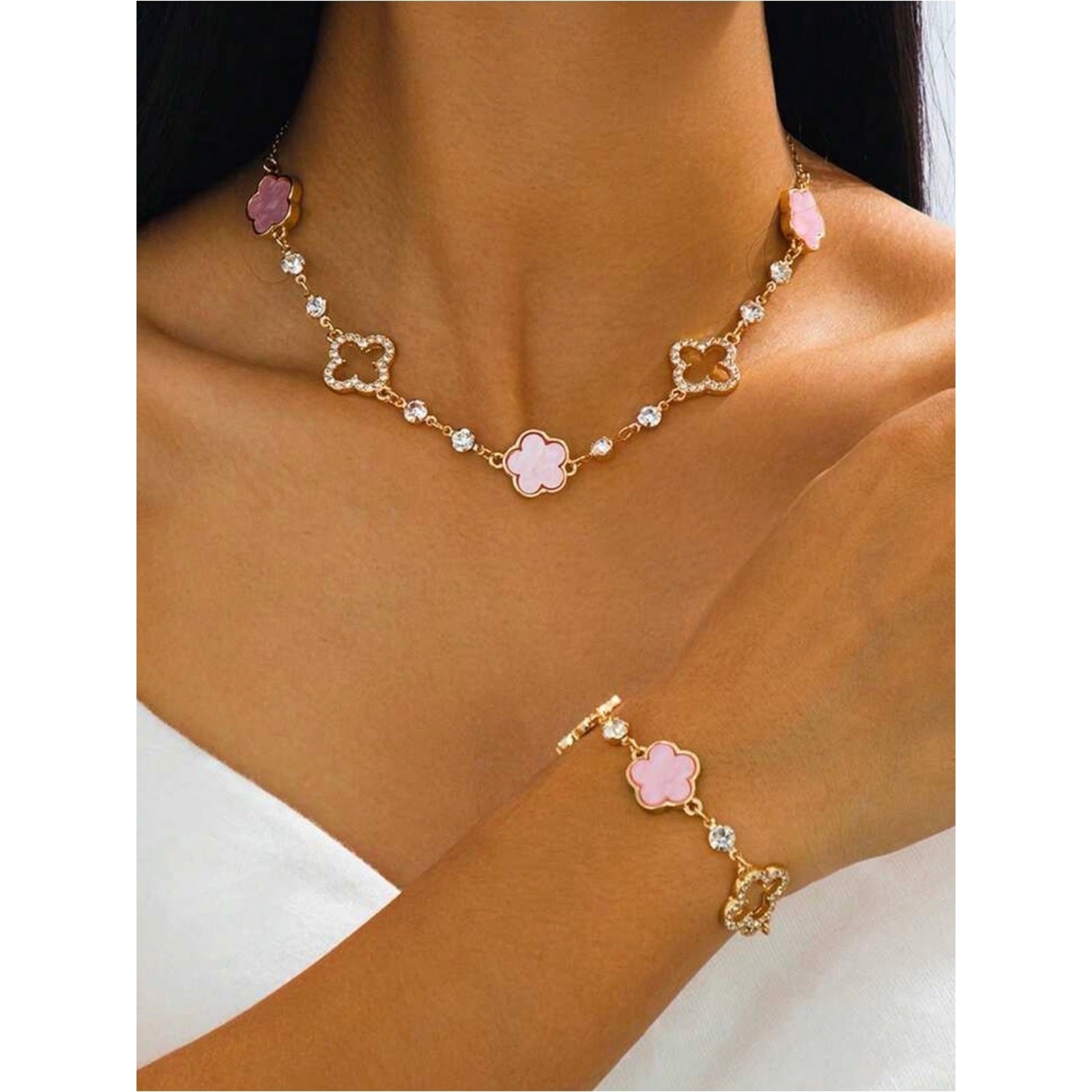 New Gold and Pink Clover Necklace and Bracelet Set