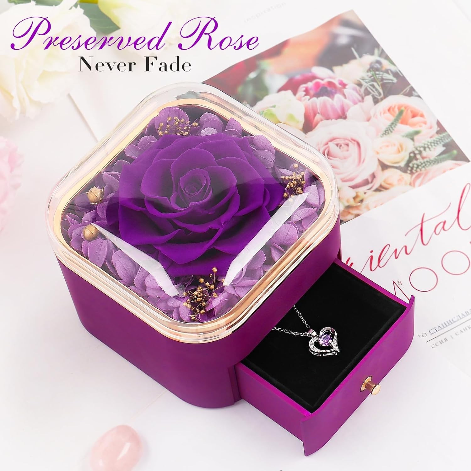 Preserved Real Purple Rose w/ Necklace – Eternal Valentine Birthday Gift for Her