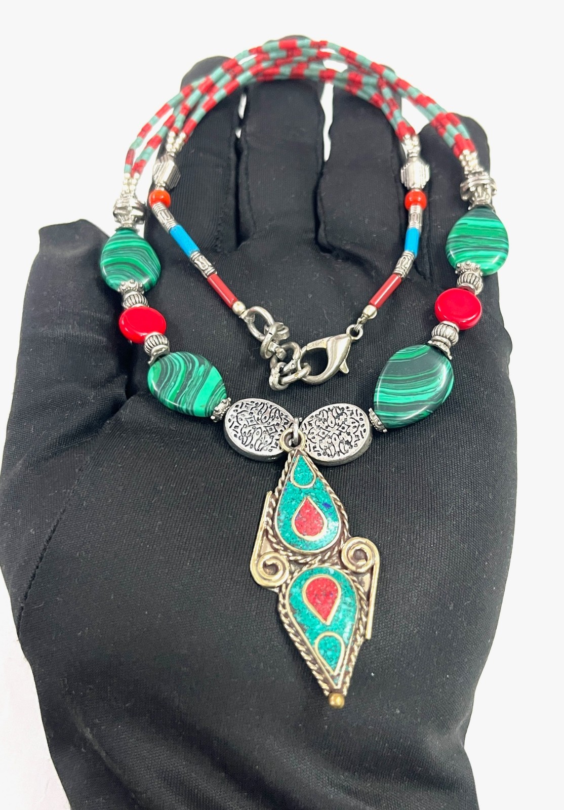 Art Deco Malachite Coral Gemstone Tibetan Necklace Jewelry, 18 Inc Adjs