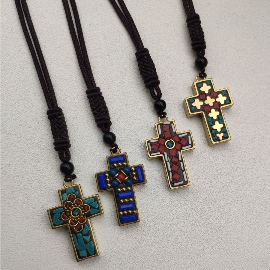 Himalayan Nepal Handmade Brass Cross Pendant Artisan Crafted With Decorative