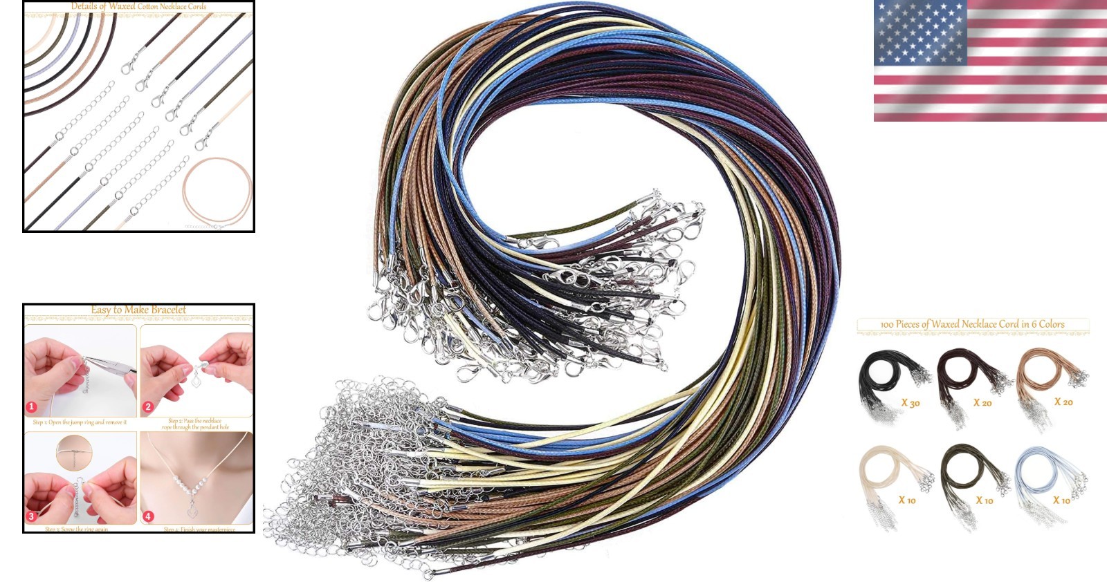 Waxed Cotton Necklace Cord Set – 100 Strings, 18” for Custom Jewelry Creations