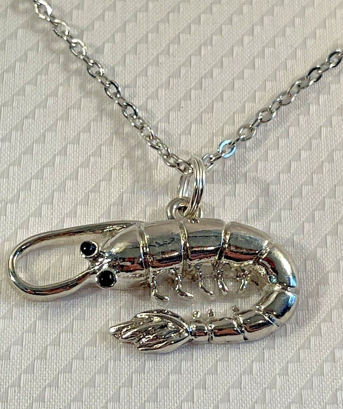 Shrimp Sea Life Silver Necklace 20” Stainless Coastal Fashion Jewelry NEW