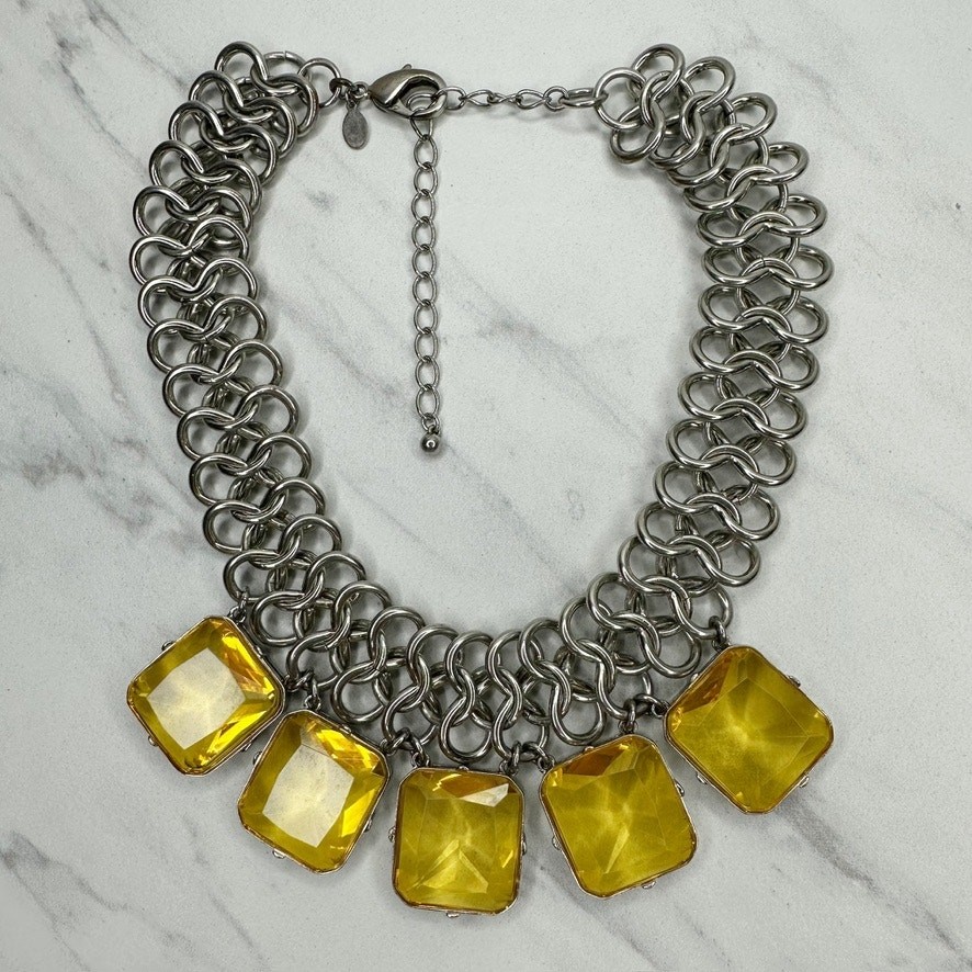 Chico’s Chunky Rhinestone Bib Necklace Yellow Silver Tone 16-20in