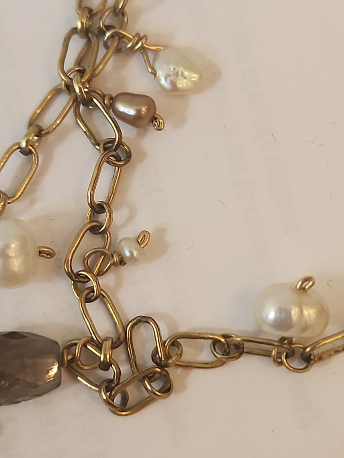14k Gold Filled Paper Clip Chain Pearl Purple Glass Bead Accents Opera Length