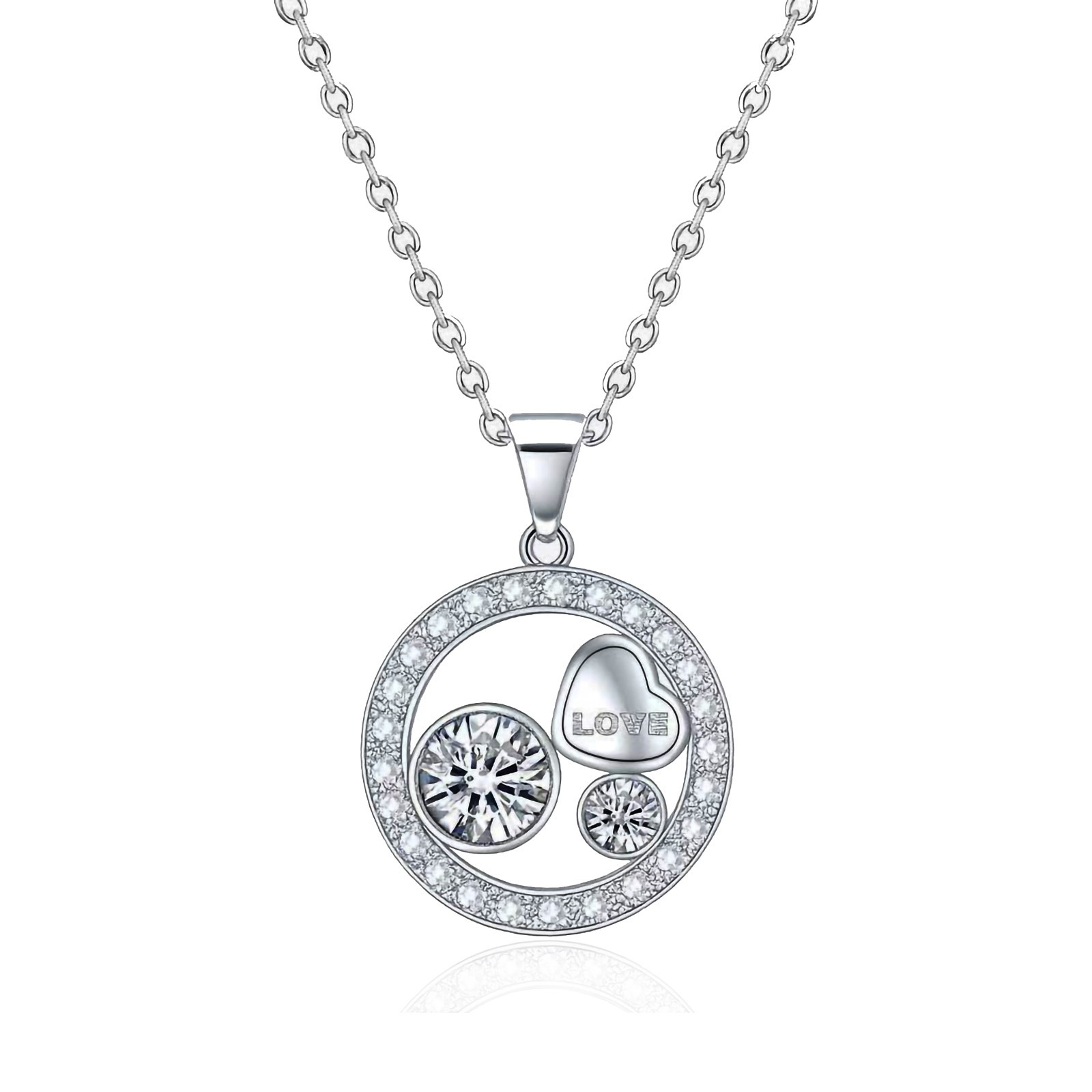 Love Circle Pendant Necklace with CZ Stones 14k White Gold Plated Women Necklace