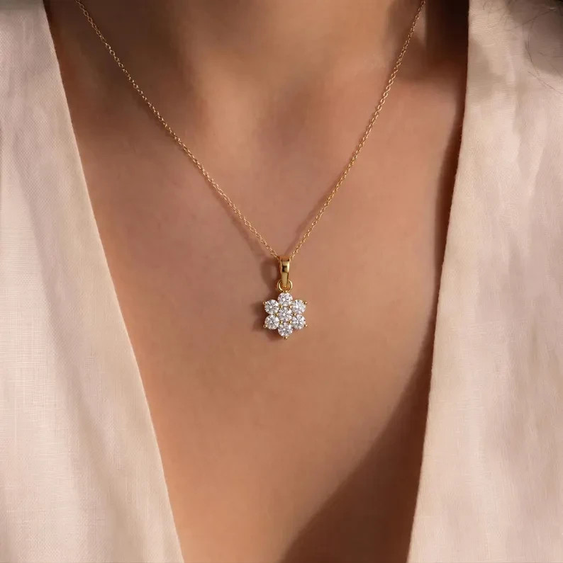 Flower Charm Pendant Necklace Round Simulated Diamond In 14k Yellow Gold Plated