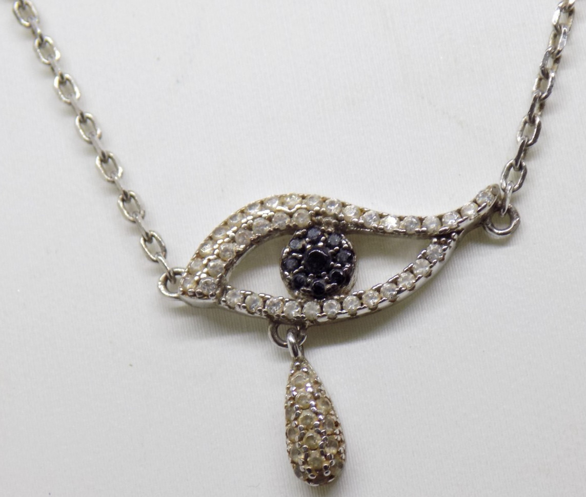 SNJ Eye of Horus 925 Sterling Silver Black & White CZ Pendant 18″ Necklace
