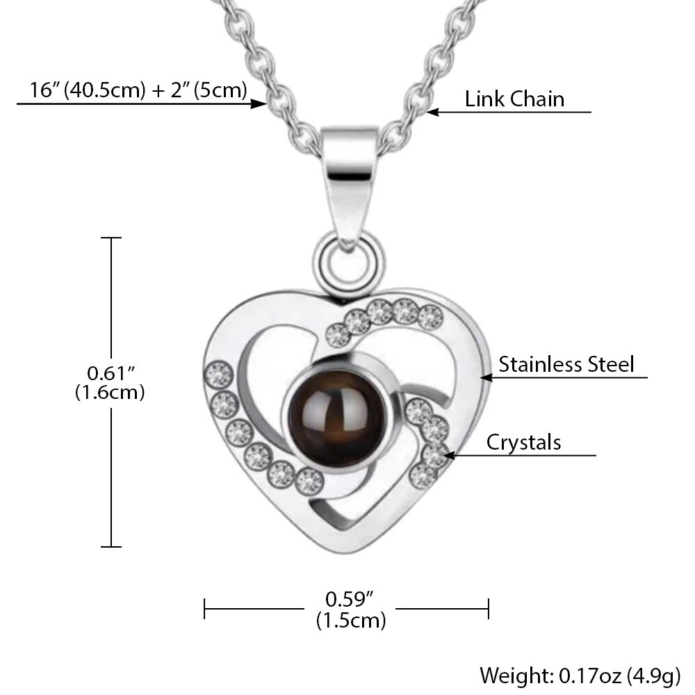 “I Love You” Projection Pendant Necklace – 100 Languages, Stainless Steel Heart