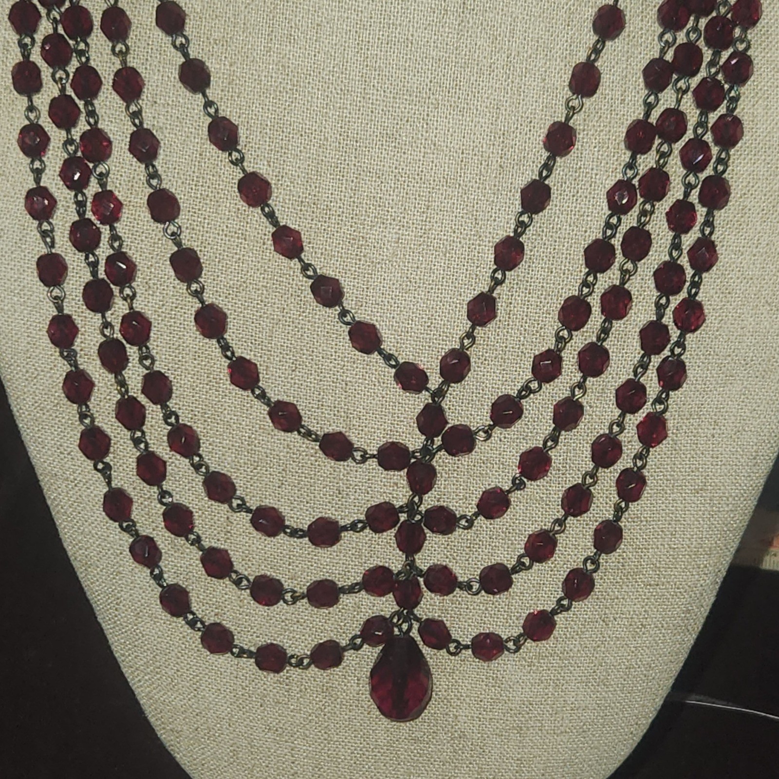 Lyndell NYC Red Crystal Multi Strand Bib Necklace Antiqued metal Tone 15in.
