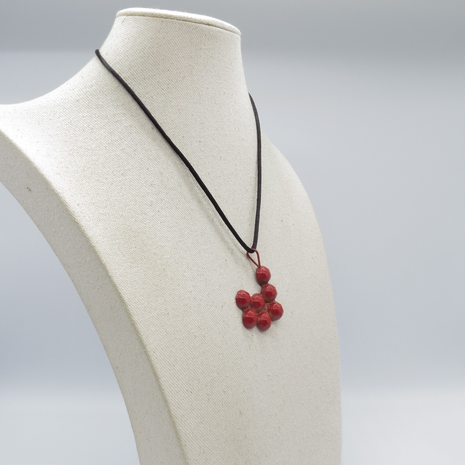 Berry Cluster Metal Pendant Necklace Funky Black Cord Sterling Silver Clasp 18″