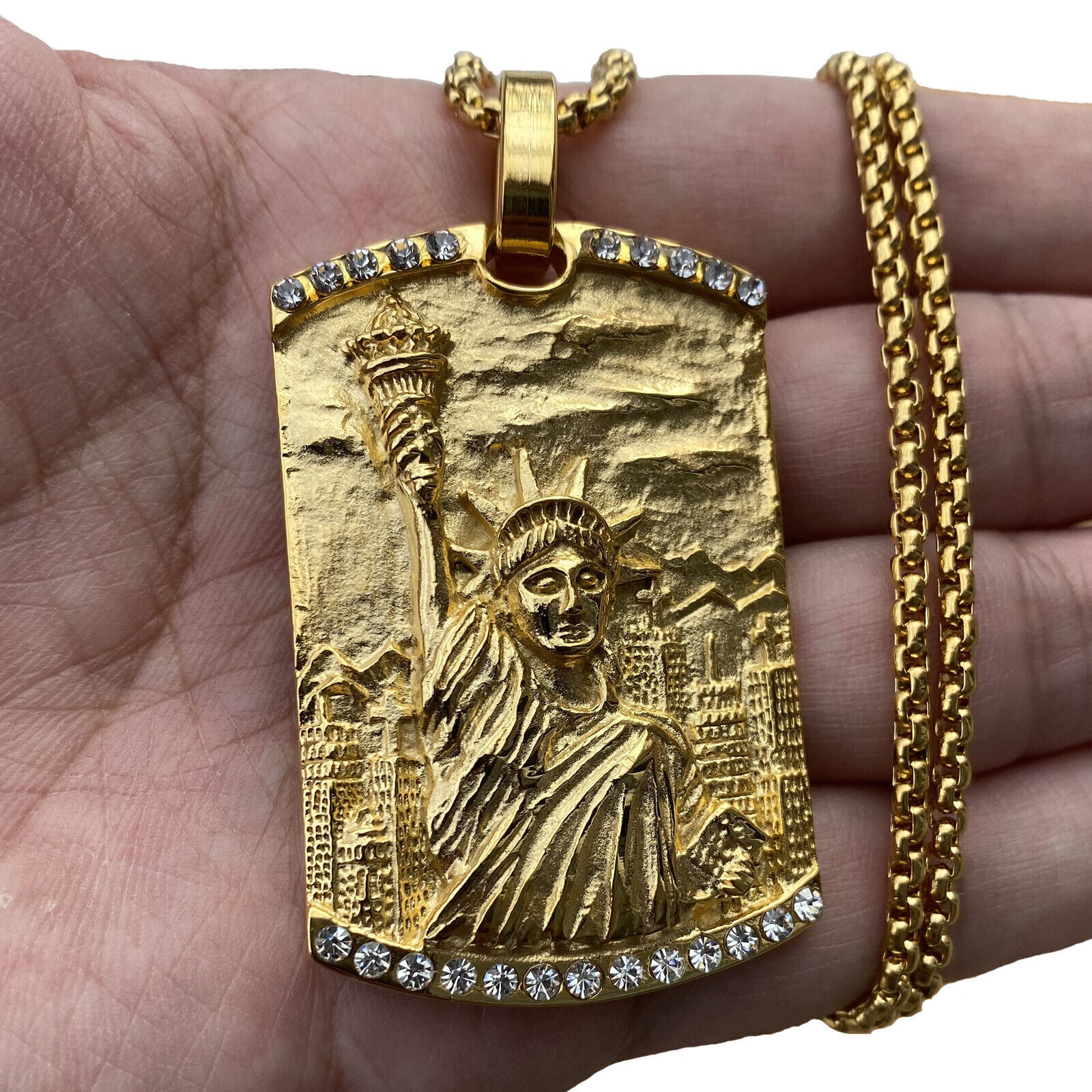 MENDEL Mens Gold Plated Nugget Statue Of Liberty Hip Hop CZ Pendant Necklace Men