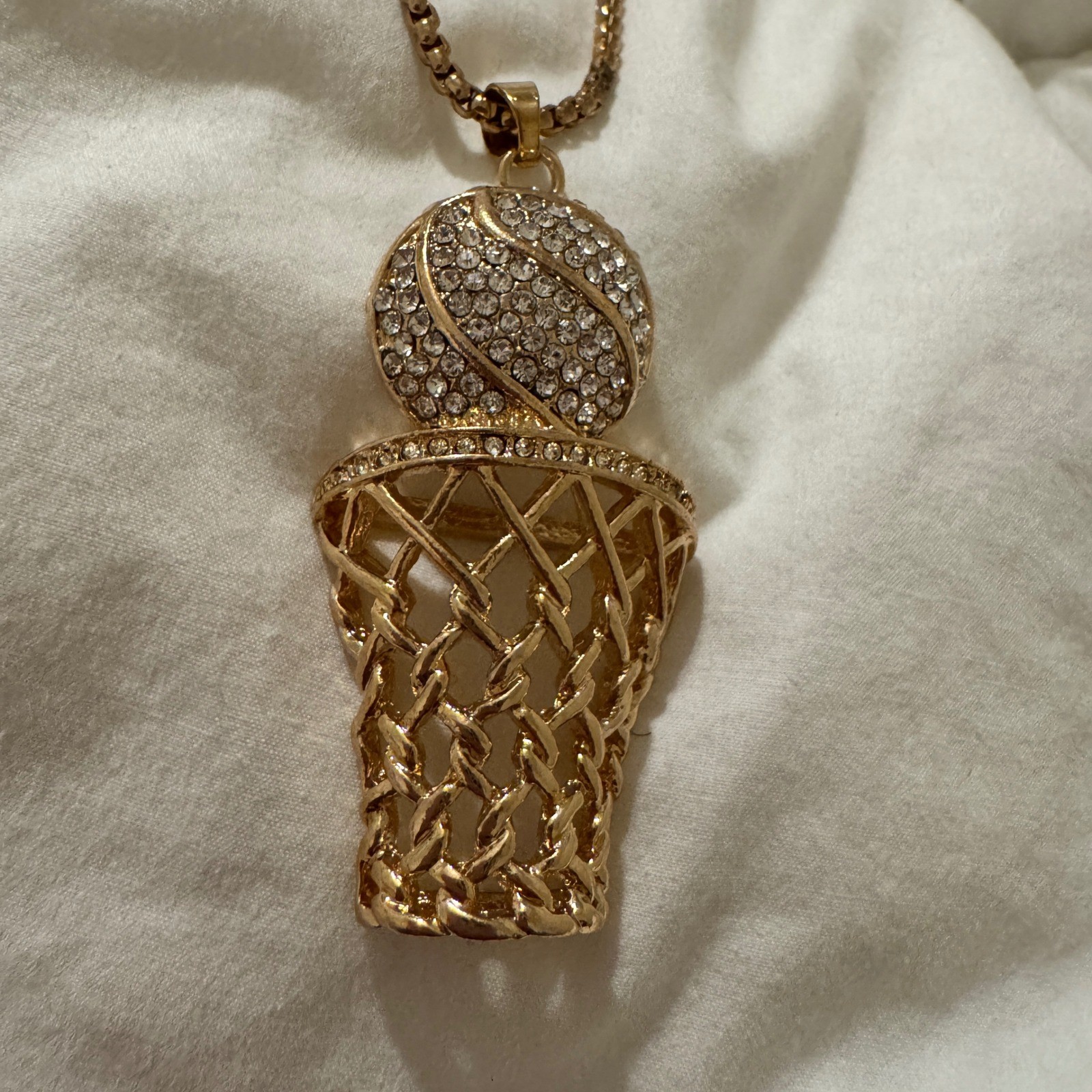 Gold Tone Basketball Hoop Rhinestone Pendant Necklace Box Chain Hip Hop Style