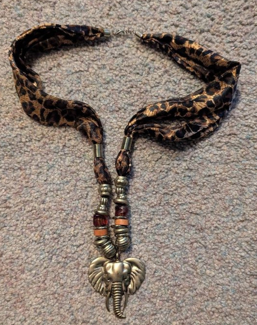 Boho Elephant Head Pendant Necklace Leopard Print Fabric Cord Beaded Tribal