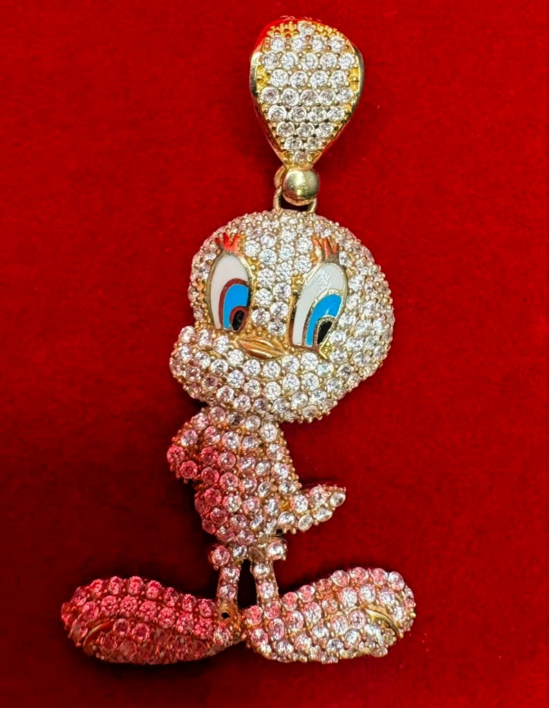 10Kt Iced-Out Tweety Bird Pendant with Cubic Zirconia Stones