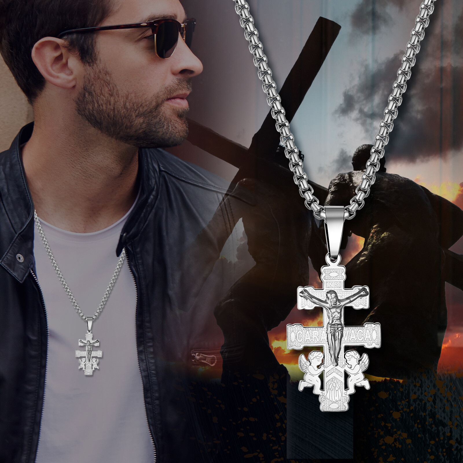 Mens Boys Stainless Steel Caravaca Double Cross Angels Crucifix Pendant Necklace
