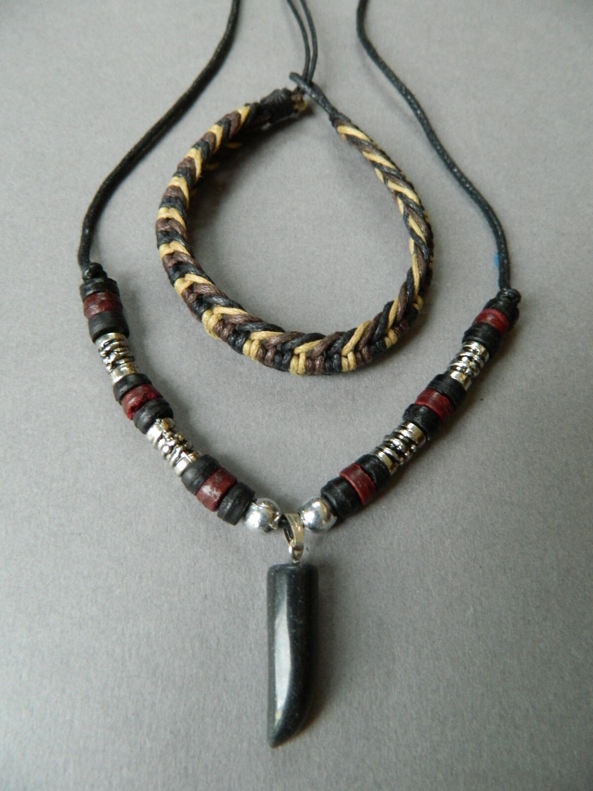MENS BOYS CHILDRENS TOOTH SHAPE BEAD NECKLACE PENDANT BRACELET JEWELLERY SET UK