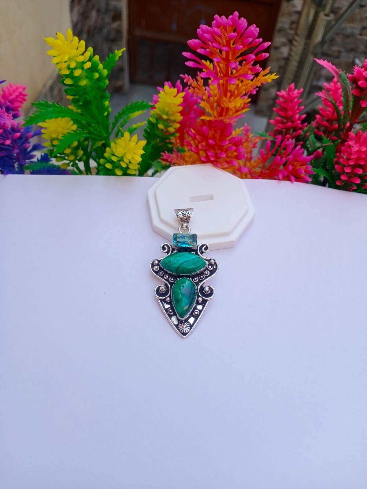 Natural Malachite sterling silver plated pendant | Blue Topaz boho pendant