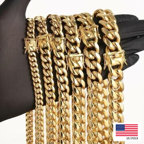 24inch Heavy Miami Cuban Link Chain Solid 14K Gold Plated Hip Hop Men’s Bracelet