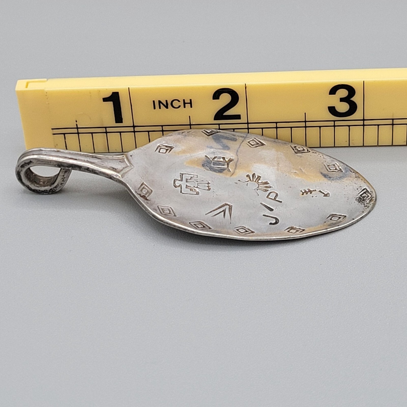 Wallingford Stainless Steel Spoon Pendant Aztec Stamped Thunderbird Arrow 3″