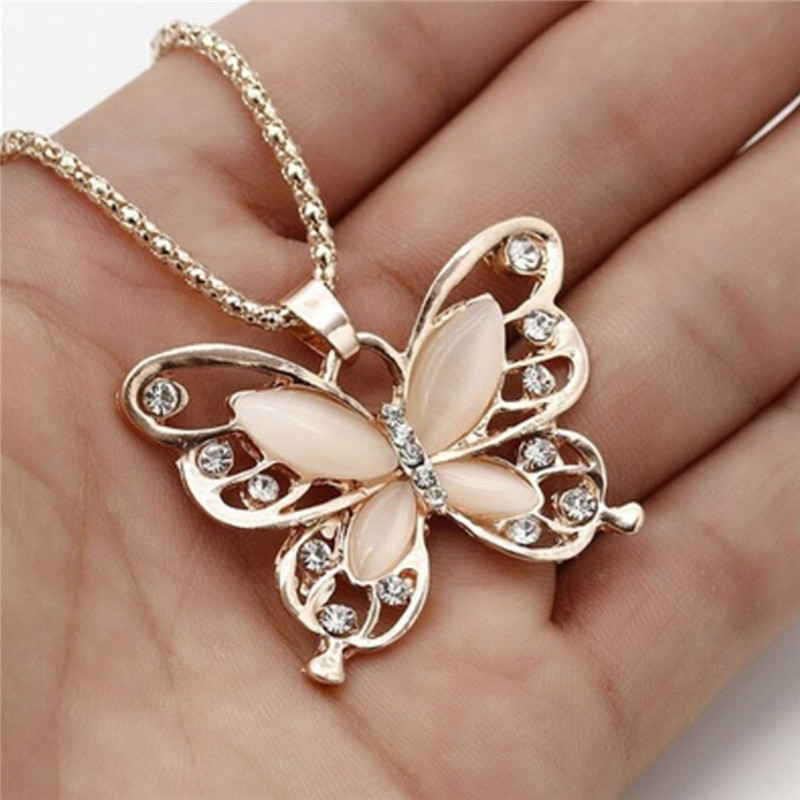 Rose Gold Tone Butterfly Pendant Necklace – Rhinestone Shine Fashion Jewelry
