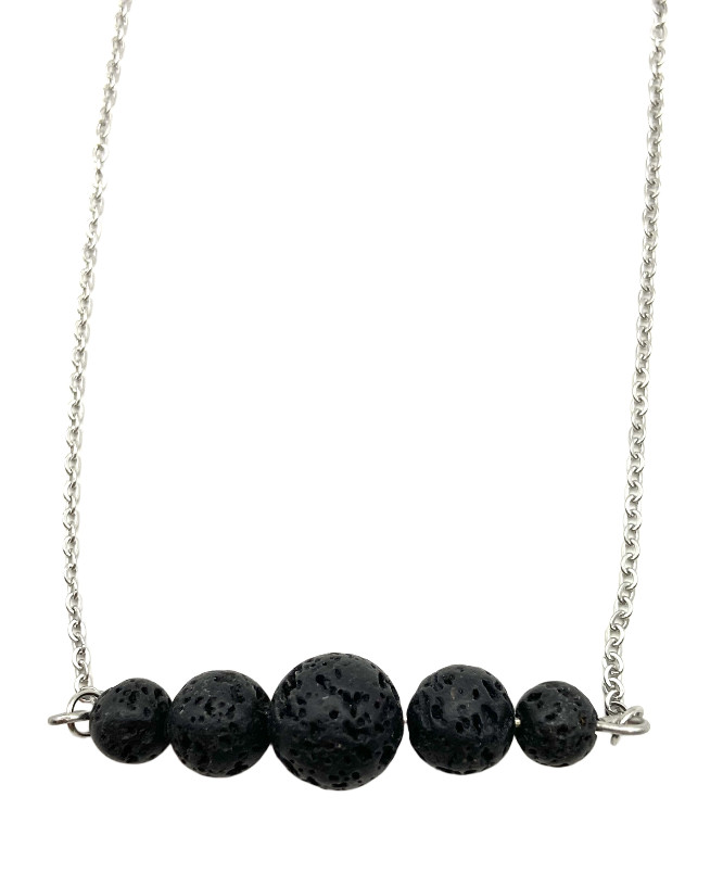 Black Round Nature Lava Rock Graduated Beads Aromatherapy Pendant Necklace 20″