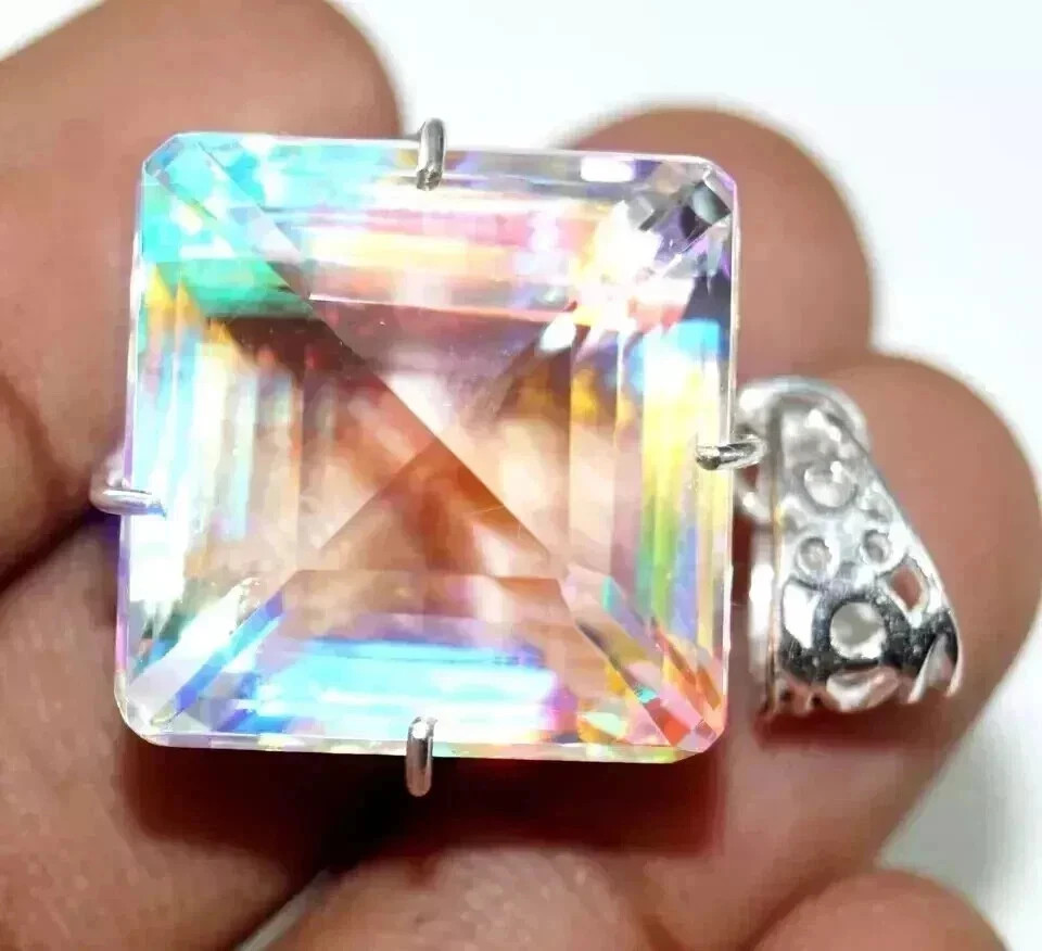 60 CT+ Flawless Rainbow Fire Mystic Topaz Pendant 925 Sterling Silver Plated