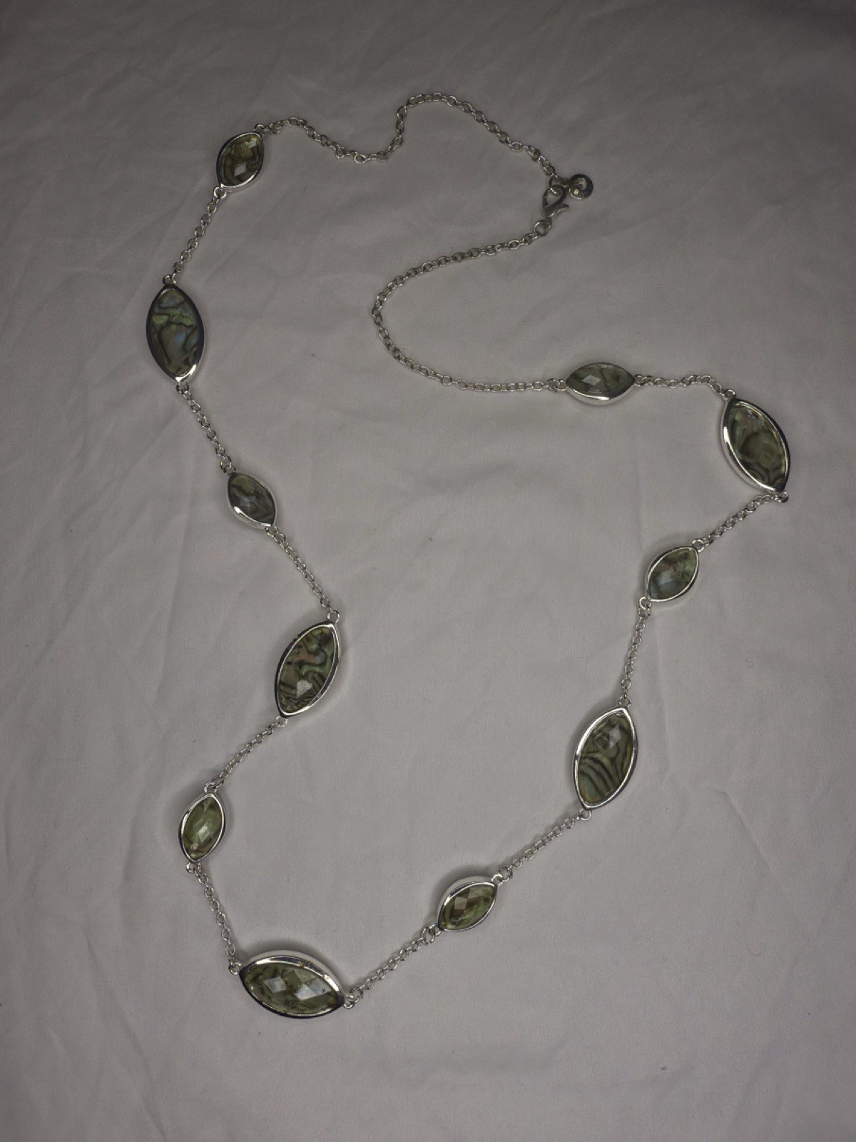 Swarovski 32″ Abalone Shell Crystal Station Necklace Signed Swan Logo Flush Set