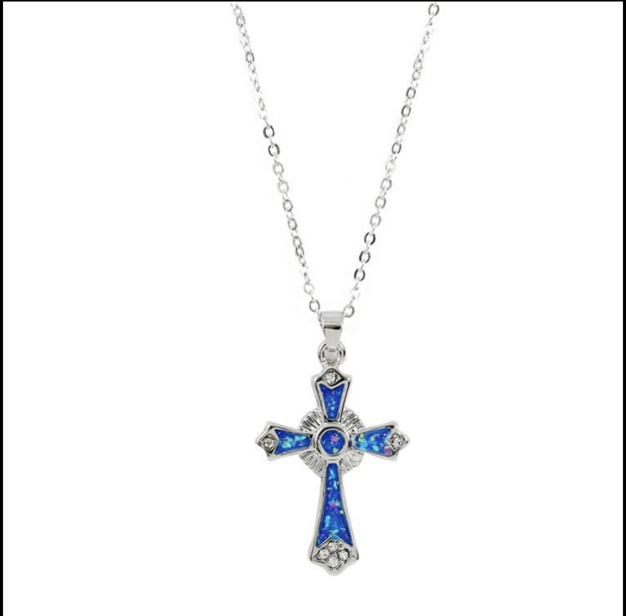 Geometric Blue Opal Color Cross Crucifix Pendant Necklace. Us Seller