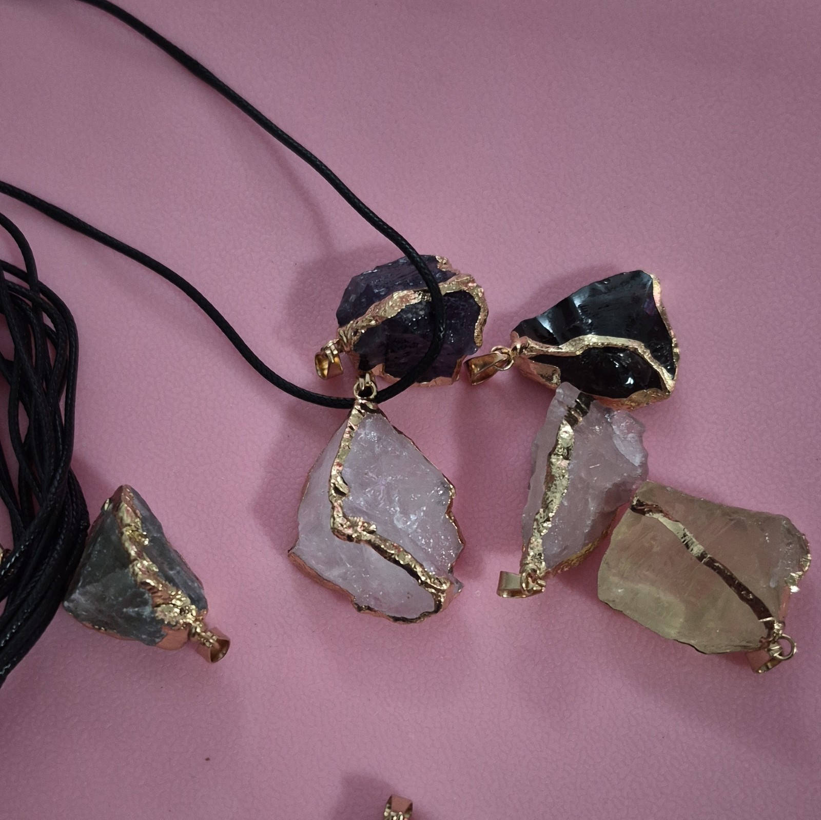 Lot Rough Clear Quartz Pendant Necklaces Black Cord Adjustable