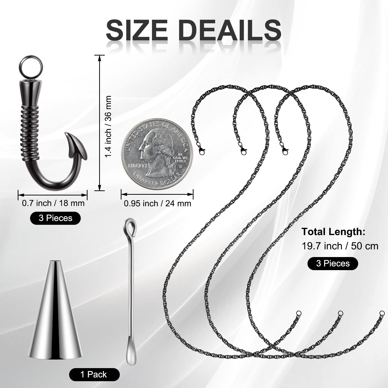 Set of 3 Fishing Hook Urn Necklace for Ashes Black Fish Hook Stainless Steel