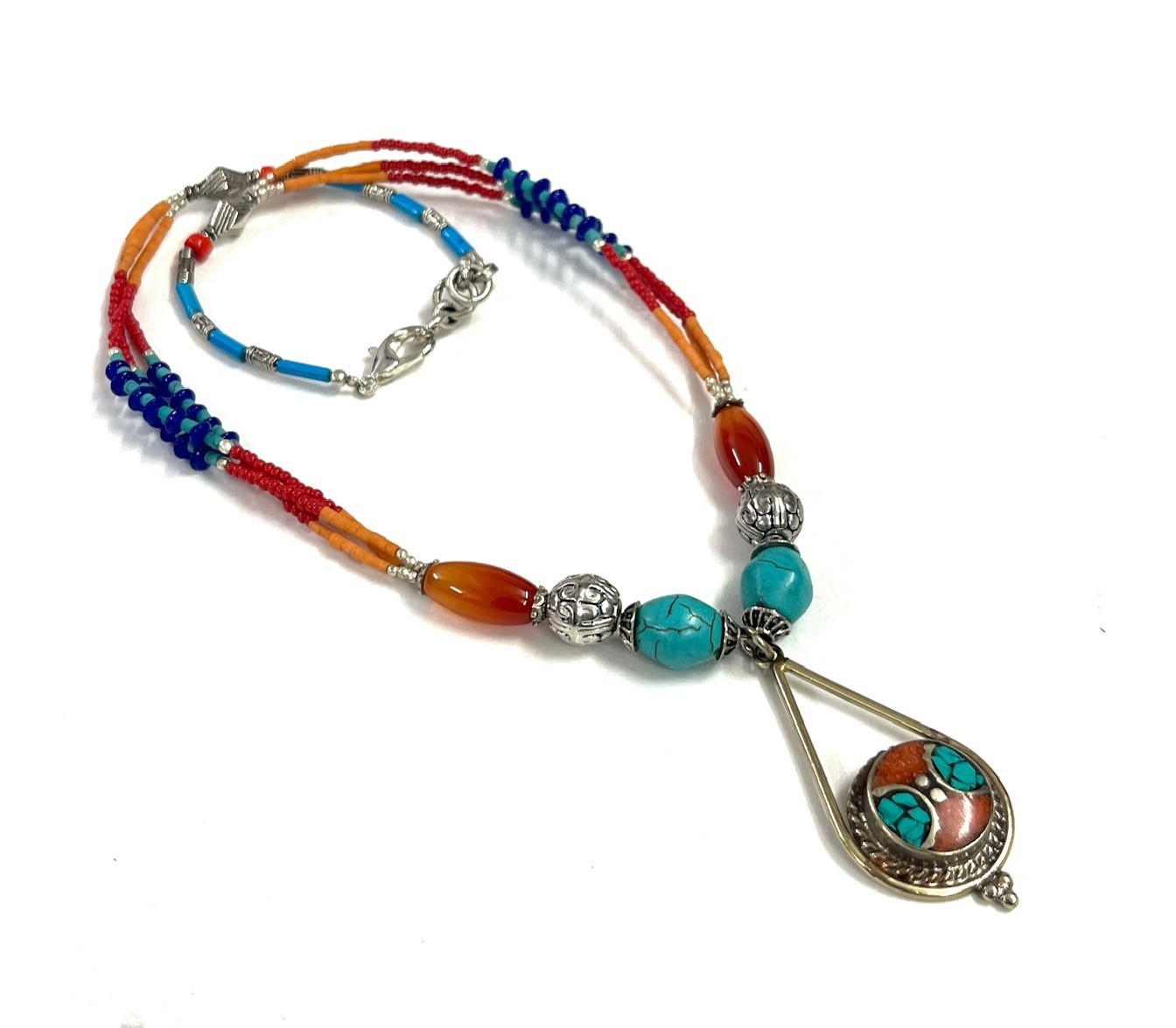 Carnelian Turquoise Coral Gemstone Tibetan Boho Necklace Jewelry, 18 Inc Adjs