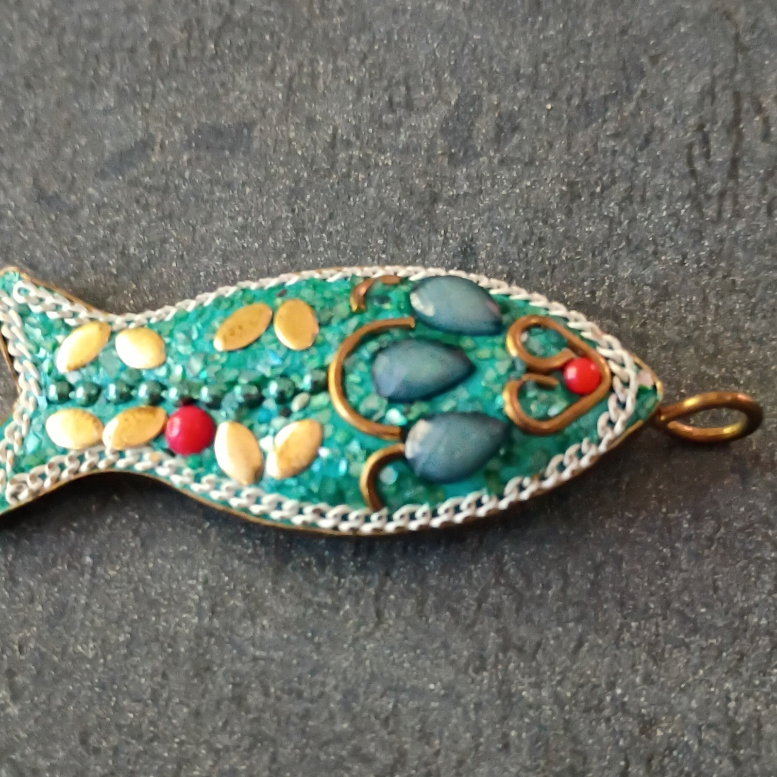 Fish Sea Life Charm Pendant Bronze Tone Metal Green Enamel Blue Cabochon Bail
