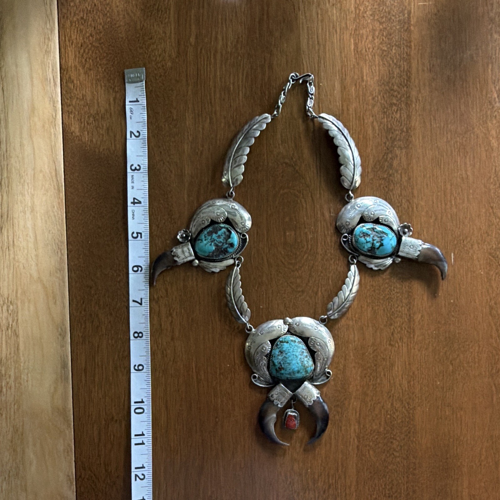 Turquoise & Coral Claw Charm Pendant Necklace, Silver Statement, Signed