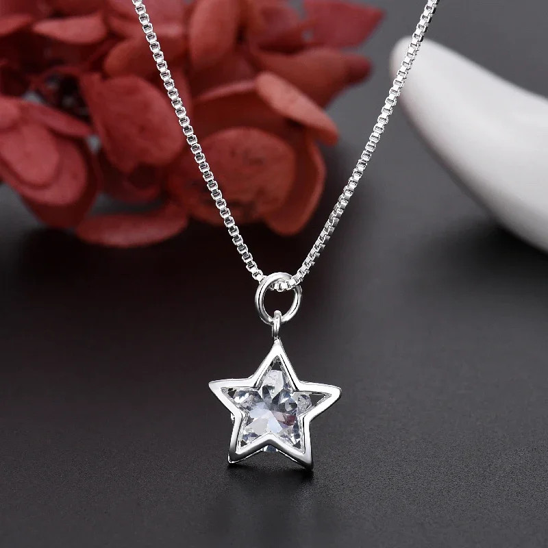 New korean fashion 925 Sterling Silver pretty Shining Crystal Star necklace for