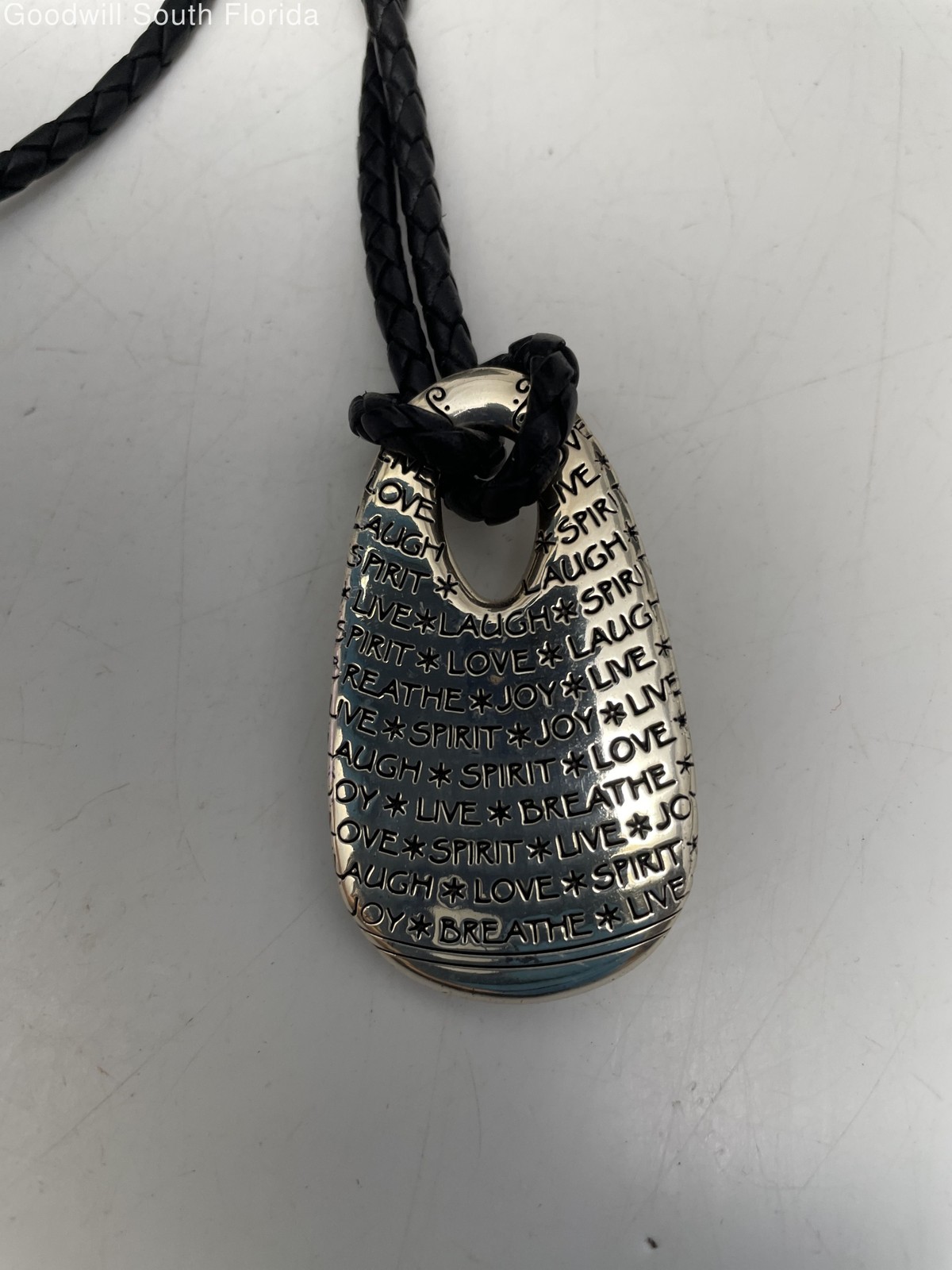 Brighton Silver Black Engraved Pendant Braided Cord Necklace Adjustable Clasp
