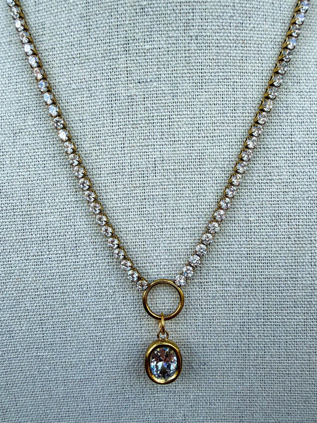17″ Gold Stainless Steel Tennis Chain Necklace Oval CZ Charm Rhinestone Sparkle