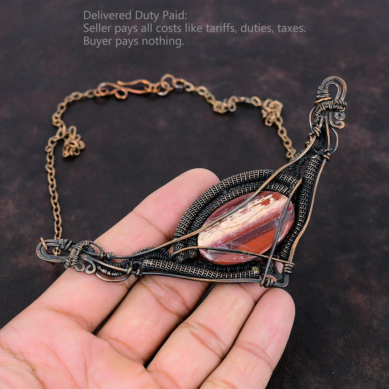 Oval Red Snakeskin Jasper Stone Engagement Wire Wrapped Necklace Jewelry Copper