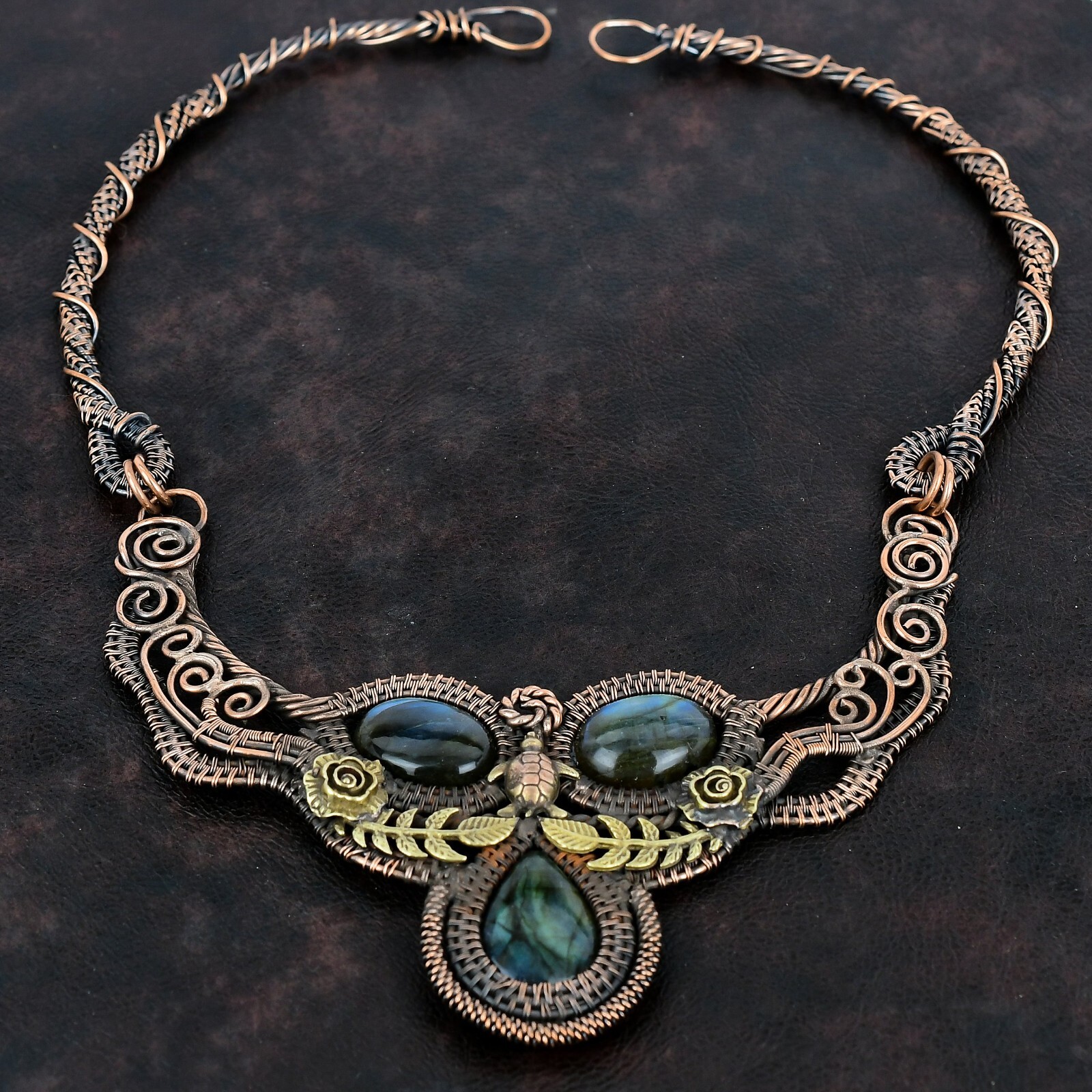 Labradorite Copper Mother Gift Wire Wrapped Tortoise Chain Necklace 18.0″