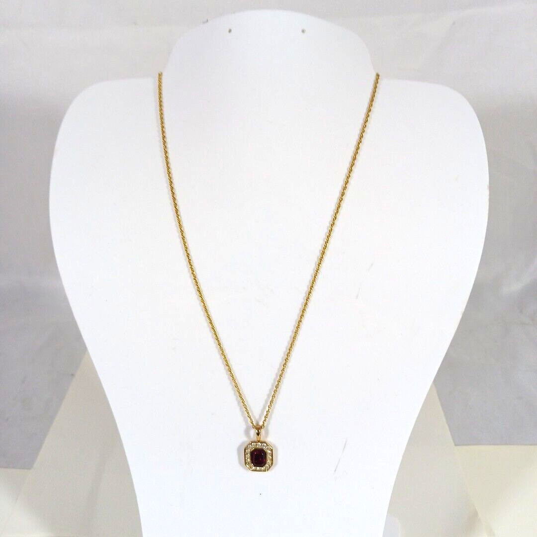 Roman Red Glass Clear Pendant Chain Necklace Gold tone Chain 17.75″