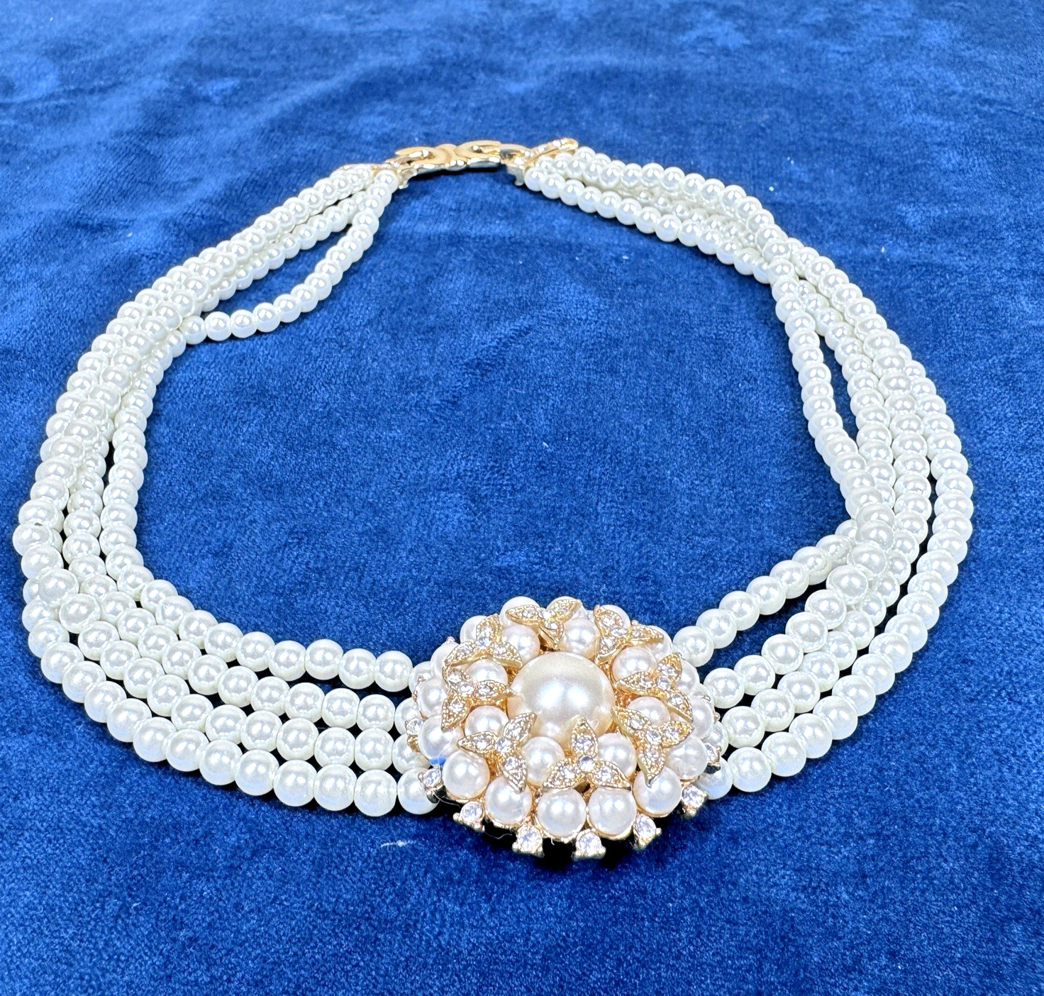 Faux Pearl Multi Strand Choker Necklace Gold Tone Floral Cluster Costume Jewelry