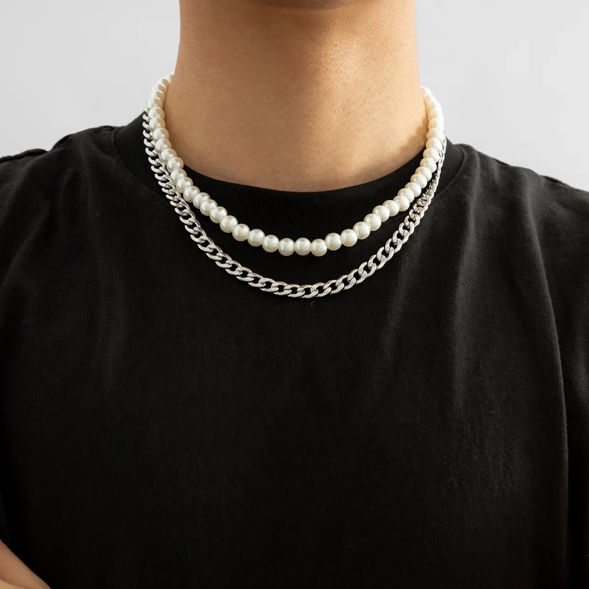 Men’s Fashion Double Layer Pearl Chain Layered Necklace 512
