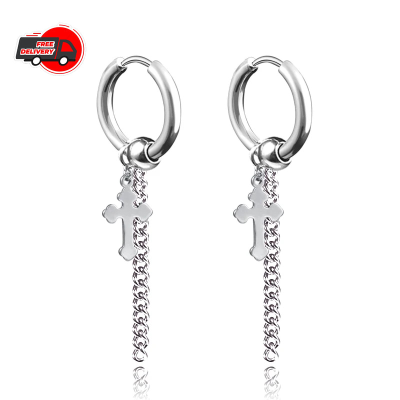 Punk Black Cross Stainless Steel Hoop Earrings for Women Men Fashion Vintage