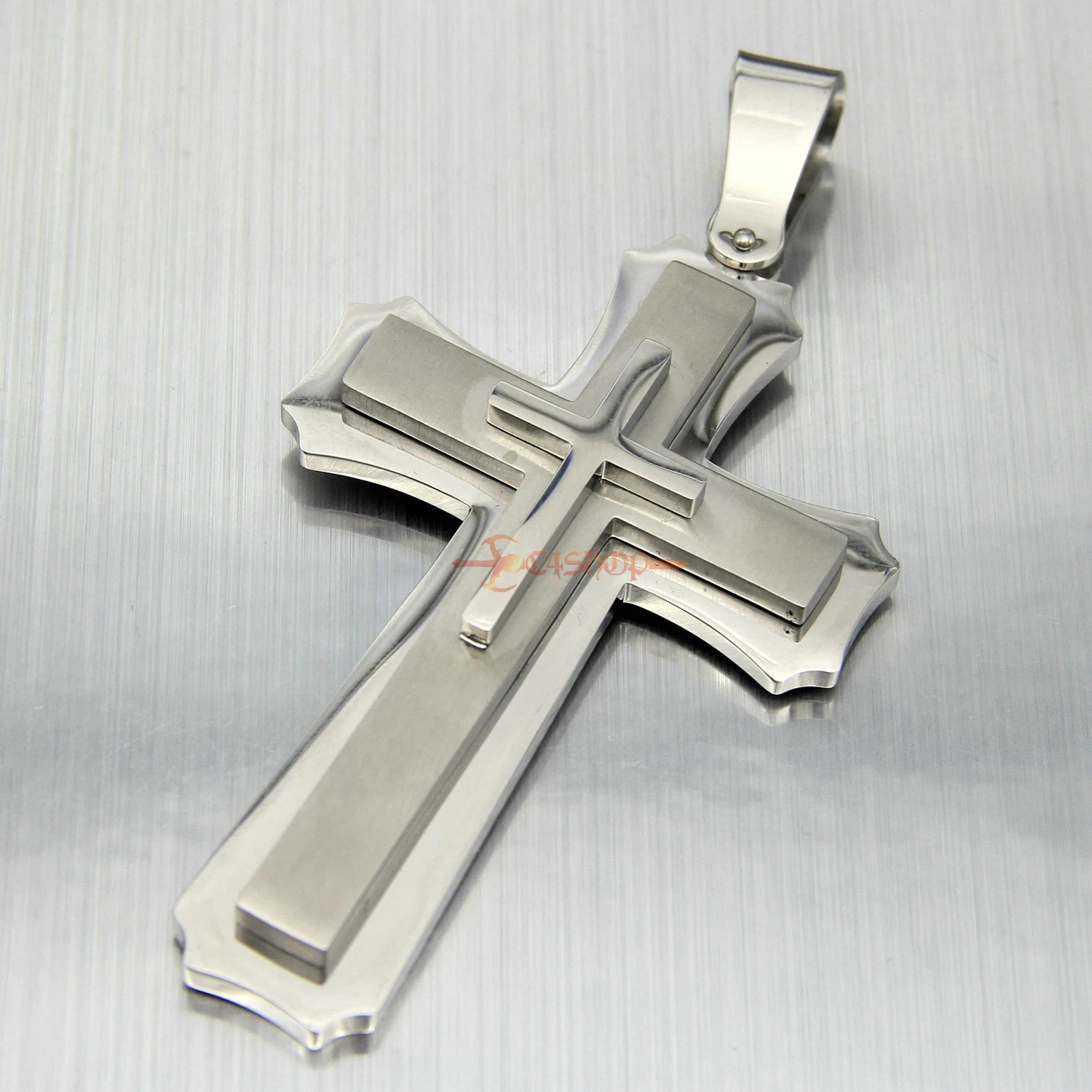 Huge Stainless Cross Men’s Necklace Pendant Heavy Large Silver Polished 3 Layer