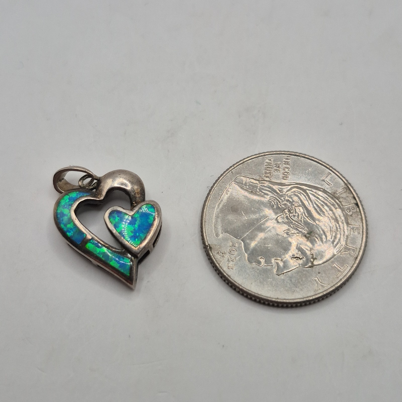 Modern Sterling Silver 925 AK Double Interlocking Heart Lab Created Opal Pendant