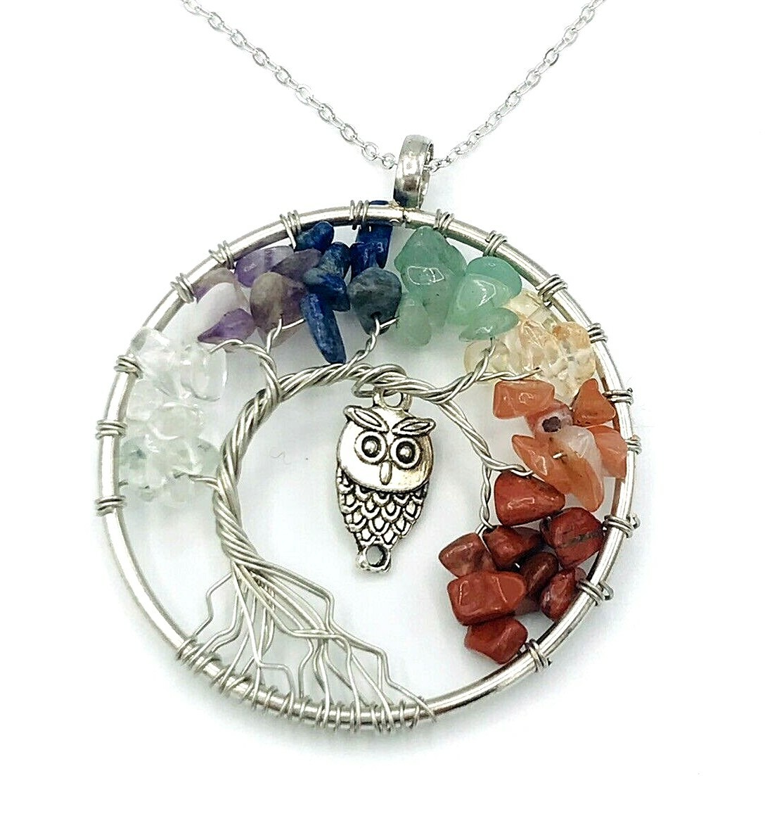 Silver Tone Multi Gemstone Wire Wrapped Tree Of Life Owl Necklace