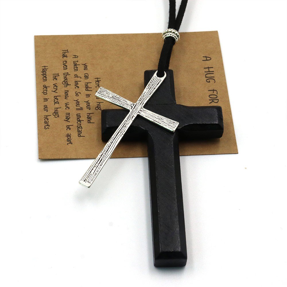 Retro Wood Cross Crucifix Leather Cord Pendant Men Women Necklace Sweather Chain