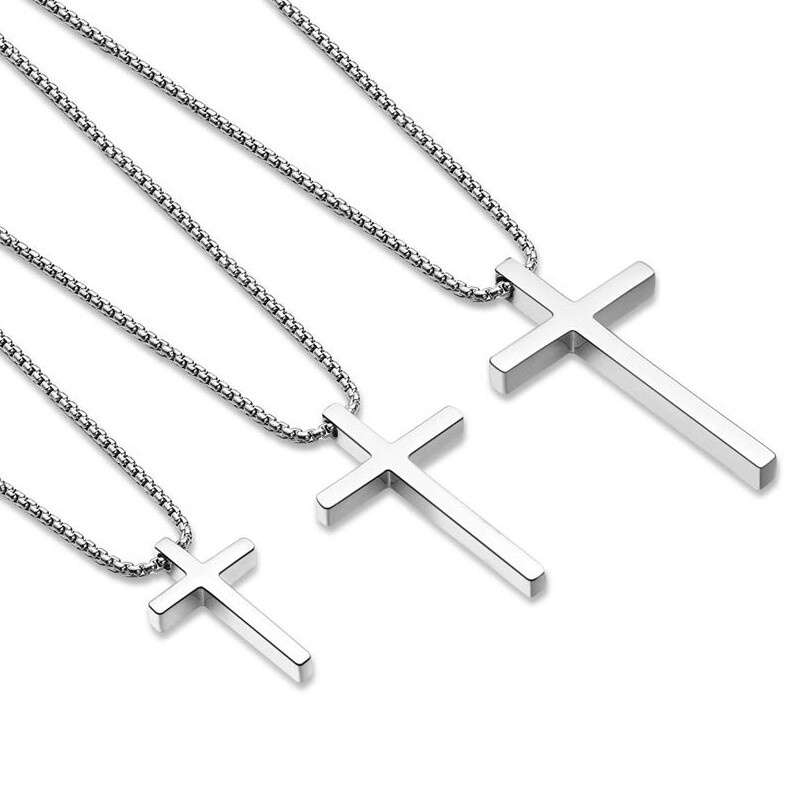 Men Women Plain Silver Stainless Steel Cross Pendant NecklaceBox Chain 16″-24″